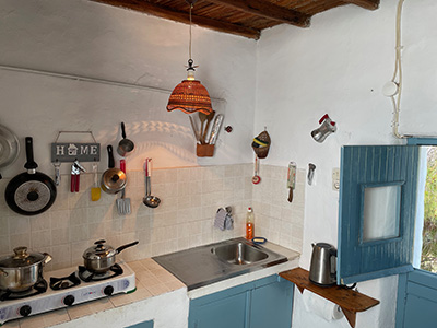 the kitchen of Carolina's Amorgos house in Langatha